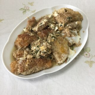 お茶漬けの素で串揚げの卵とじ